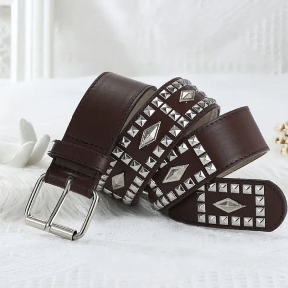 Dark Brown Belt  Silver Studded Buckle Belts For Women Rocker Grunge Style Belt - Picture 1 of 7